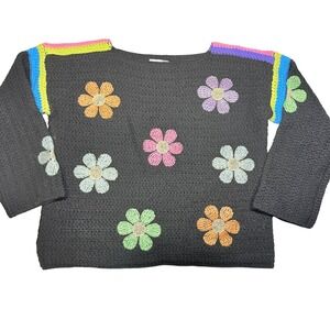 Whimygoth‎ Black Crochet Flower Sweater Womens Small Embroidered Boho Multicolor